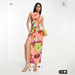 ASOS DESIGN halter twist front cut out maxi dress in large floral print